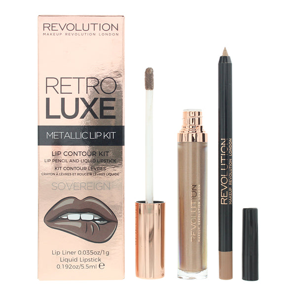 Revolution Retro Luxe Metallic Lip Kit Sovereign Lip Liner 1g Liquid Lipstick 5.5ml