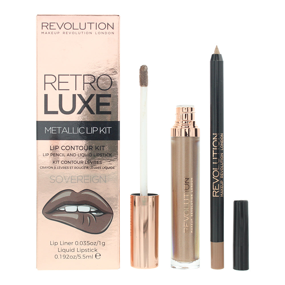 Revolution Retro Luxe Metallic Lip Kit Sovereign Lip Liner 1g Liquid Lipstick 5.5ml