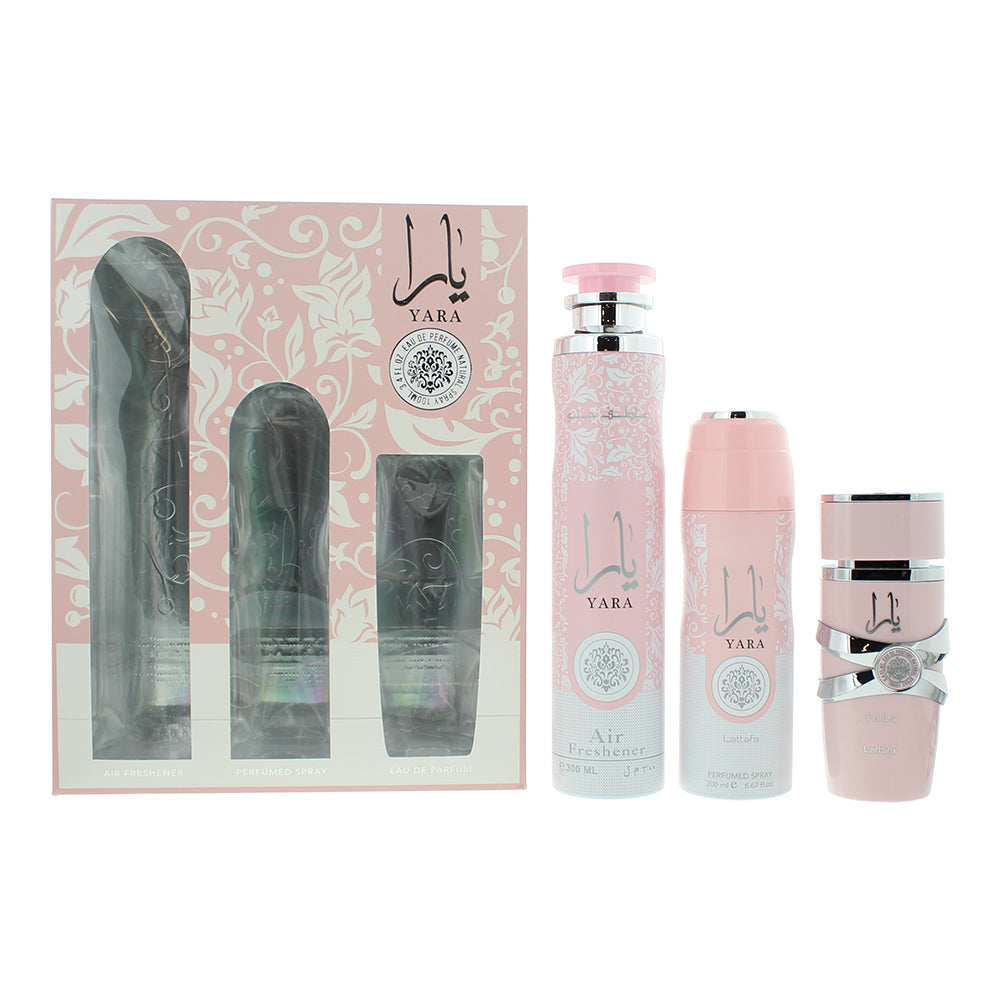 Lattafa Yara 3 Piece Gift Set: Eau de Parfum 100ml - Air Freshner 300 ml- Perfumed Spray 200ml