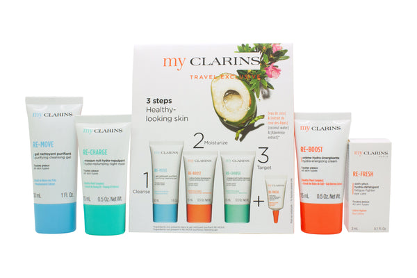 Clarins Grab And Go Set 30ml Cleansing Gel + 15ml Reboost Cream + 15ml Recharge Mask + 3ml Eye Treatment