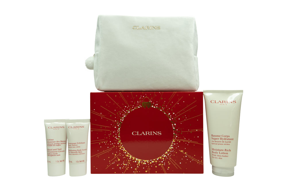 Clarins Body Care Set: Rich Body Lotion 200ml + Hand and Nail Treatment Cream 30ml + Body Scrub 30ml